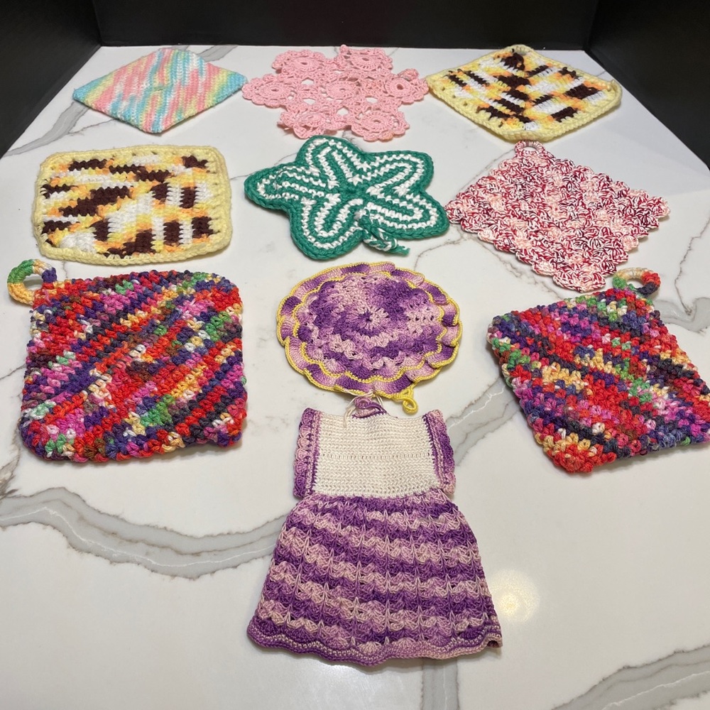 Vtg Crocheted Pot Holder/ Trivet Lot of 10 Multi Color Various Shapes & Sizes.